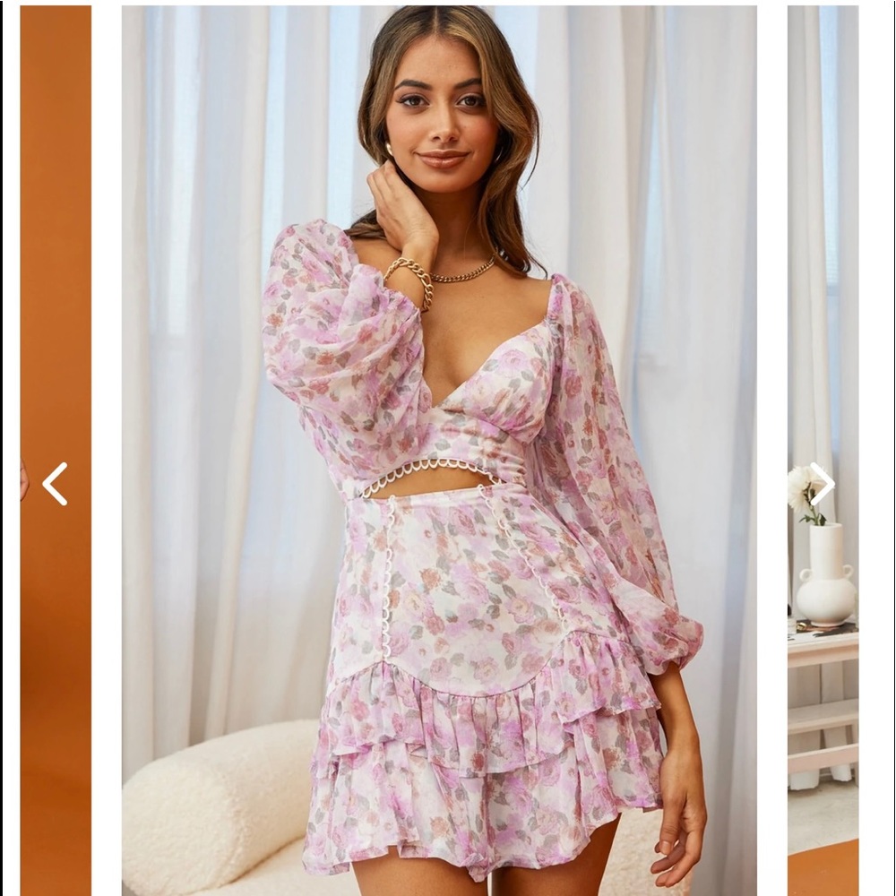 Dearly beloved ballon sleeve layered frill hem dress floral print lilac